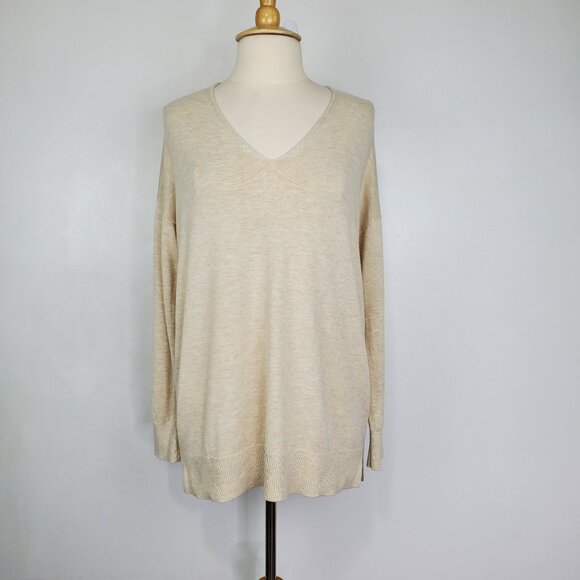 LOFT V-Neck Drop Shoulder Pullover Tan Sweater Size L - Picture 1 of 11